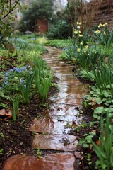 Water cascading over dampened brick walkway, spring garden scene featuring blooming daffodils near wet stone surface