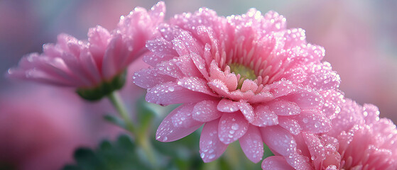 AI generator images of Chrysanthemum pink flower with water droplets, dew drops macro photography