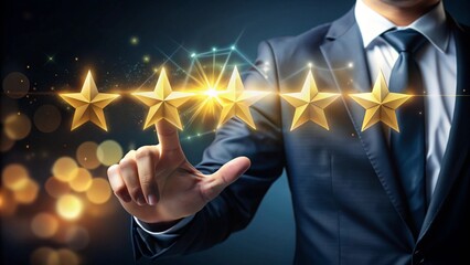 A businessman touches five glowing stars, representing excellent customer feedback and high performance