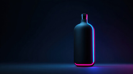 Floating black matte bottle with neon accents in pink and blue, glowing futuristic aura