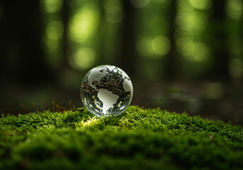 Crystal globe glass on green moss in forest to protect nature Save and care World for sustainable. concept of the environment ecology and Earth Day. eco environment 