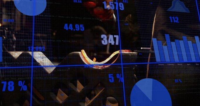 Data fading in, hammer entering frame striking metal, updating charts reflecting forging metrics