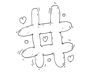 Rounded and playful hashtag icon with small hearts, drawn in a cute cartoon style. Perfect for social media graphics, romantic posts, love-themed designs, and stickers.