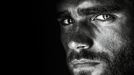 Close-up grayscale portrait of a man's intense facial expression.