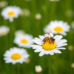 A Bee Collecting Pollen from a Daisy Flower on a Sunny Meadow