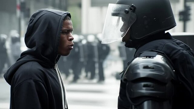 Protestor arguing with riot police officer during demonstration