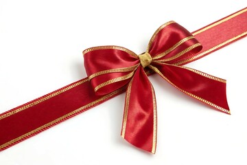 Elegant Red Gift Bow with Gold Trim on White Background

