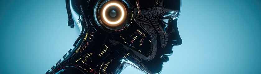 Detailed close-up profile view of a futuristic robotic head.