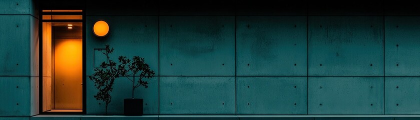 Teal concrete wall with a warm interior window.