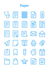 A collection of light blue line icons depicting various paper-related items and documents.
