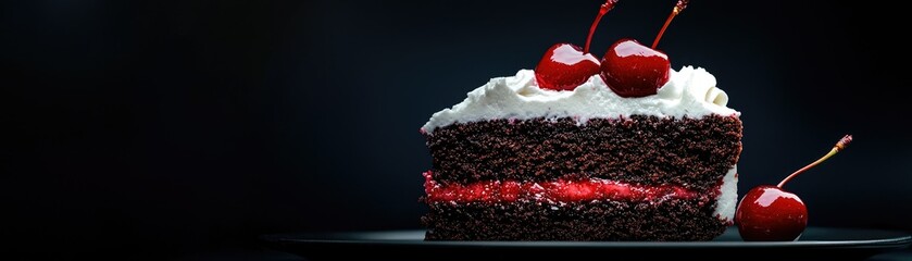 Close-up of a rich chocolate cake slice with cherries.