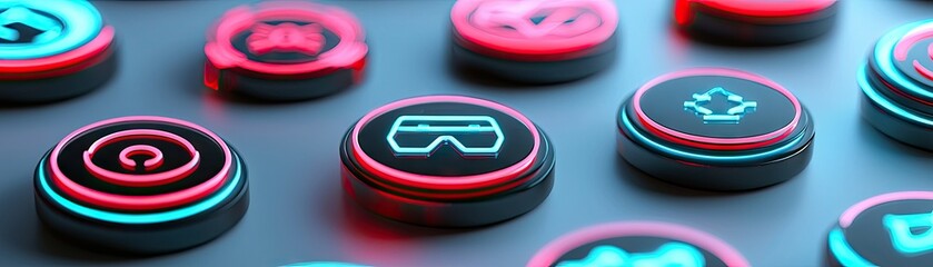 Close-up view of glowing virtual reality buttons.