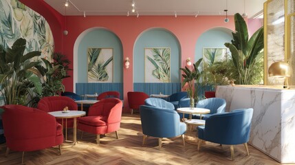 Tropical cafe interior with colorful walls, archways, and lush potted plants
