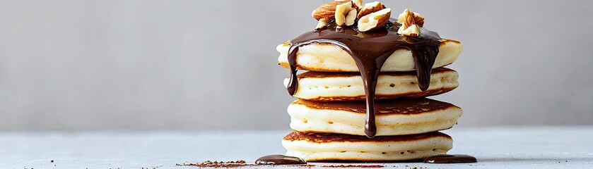 Stack of chocolate-drizzled pancakes with nuts.