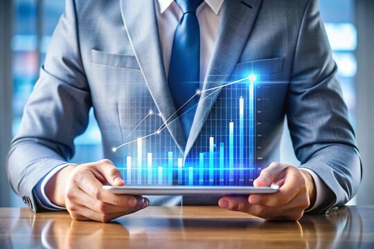 A businessman holds a tablet displaying a rising financial graph and data - Powered by Adobe
