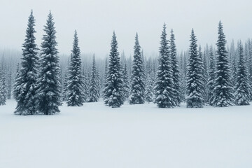 Obraz premium Snow-covered tundra with tall evergreens in winter landscape