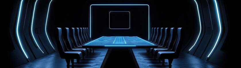 Futuristic conference room with glowing accents.