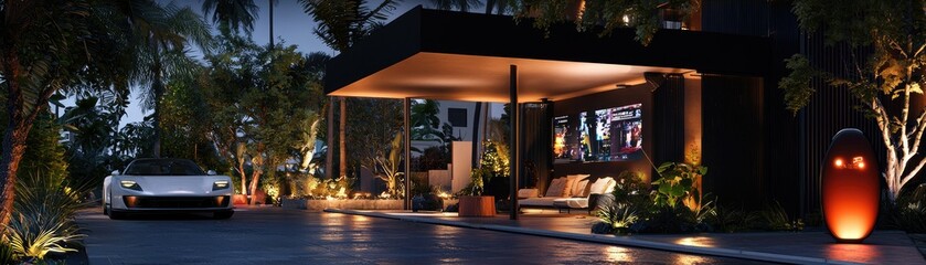Tropical evening scene of a modern exterior.