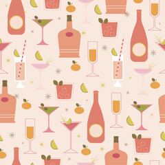 Hand drawn seamless vector pattern with drinks and cocktails in flat retro style. Simple background in pastel vintage colors. Wallpaper with beverages and alcoholic drinks