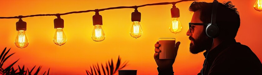Silhouette of a man enjoying a drink under warm outdoor lights.