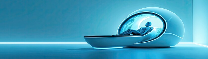 Futuristic, light-blue resting pod for relaxation.