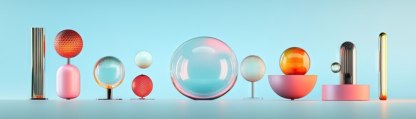 Colorful abstract forms arranged on a pastel background.