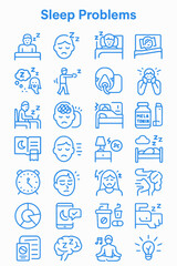 A collection of blue line icons representing various sleep difficulties and solutions.