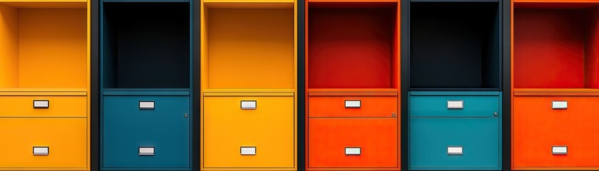 Colorful storage units with multiple drawers.