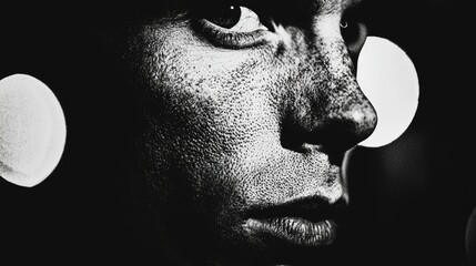Close-up black and white portrait of a person's face.