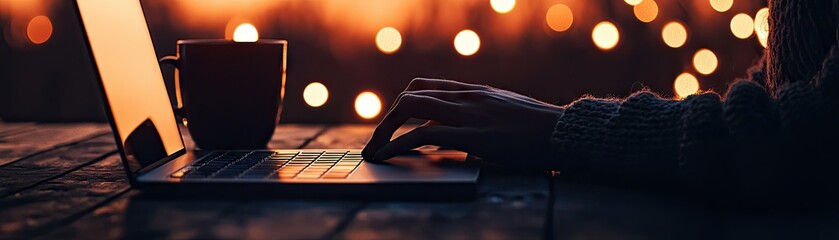 Nighttime laptop use at a wooden table