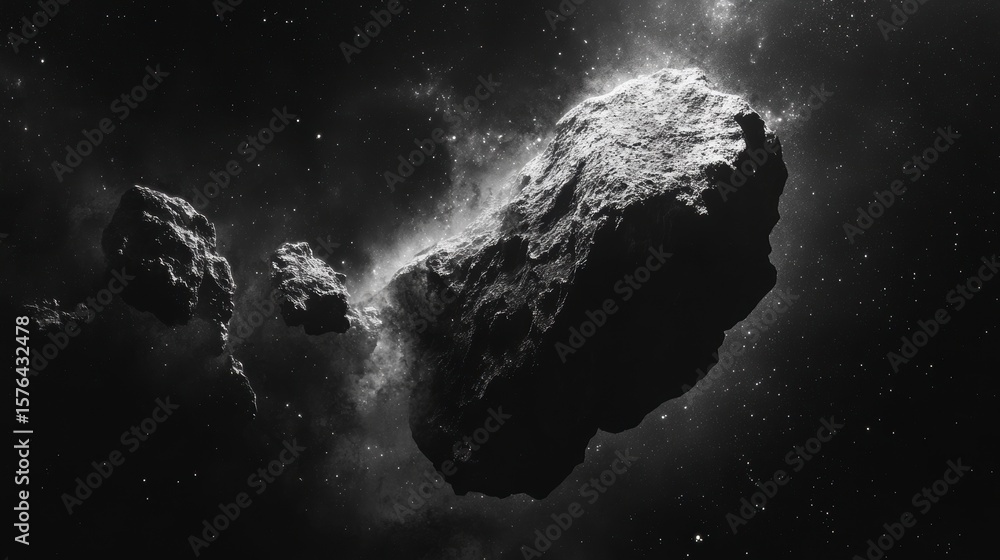 Poster close-up view of a binary asteroid in space, showing its rocky surface and surrounding nebula.
