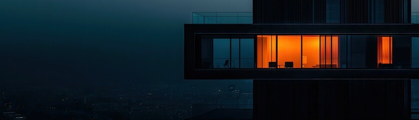 Illuminated apartment building facade at night.