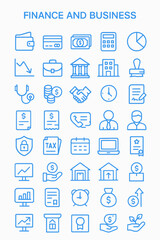 Collection of simple, blue line icons representing finance and business concepts.