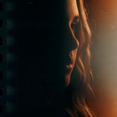 Moody portrait of woman in shadow with vintage film lighting.

