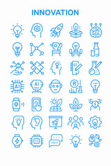 Obraz premium A collection of blue line icons representing innovation, technology, and creative ideas.