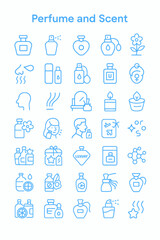 Collection of elegant, minimalist blue line icons representing perfume and scent-related concepts.