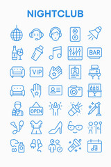 Obraz premium A collection of nightclub related icons in blue outline style, arranged in a grid on a white background.