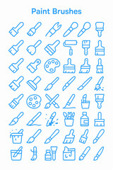 A collection of blue line art icons depicting various paint brushes, rollers, and artist tools arranged in a grid.