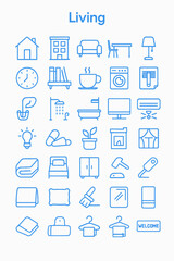 Collection of simple line art icons representing various home and living items.