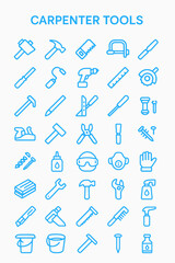 Collection of blue outline icons representing various carpentry tools.