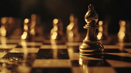 Close-up of a gold bishop chess piece on a dark board, other pieces blurred in the background.
