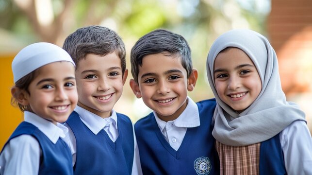 Cheerful school children in matching blue uniforms smile brightly, showcasing diversity and friendship with warm, genuine expressions in a soft-focused background.