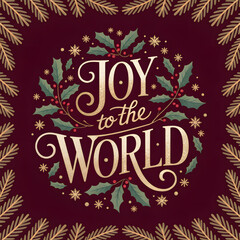 Fototapeta premium Elegant joy to the world christmas greeting with holly and pine branches