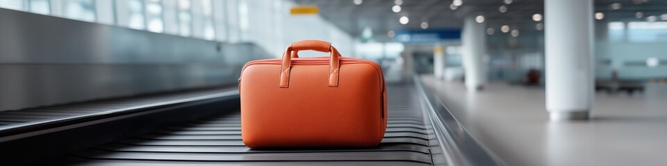 Orange suitcase on airport luggage conveyor belt in modern terminal