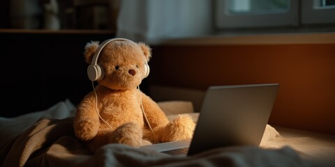 Cozy teddy bear relaxing with headphones and laptop in evening light
