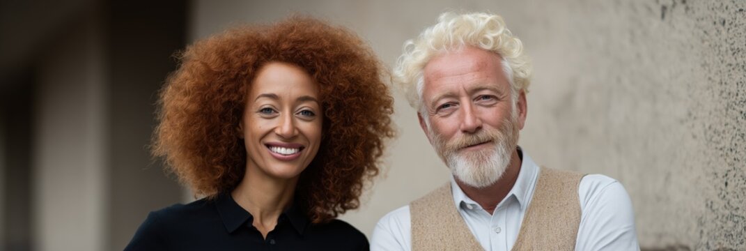 Caucasian elderly male and african young female smiling against textured wall