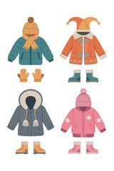Collection of Children s Winter Clothing Items Including Jackets Hats Gloves and Boots in Various Colors and Styles on a White Background for Winter © MOHAMMAD