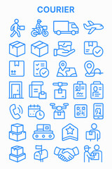 A comprehensive set of courier service icons depicting delivery methods, logistics, and package handling.