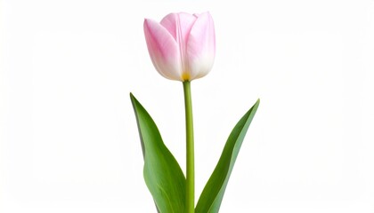 Fototapeta premium Tulipán rosa pálido con pétalos curvos y tallo alargado acompañado de dos hojas verdes que enmarcan la silueta floral