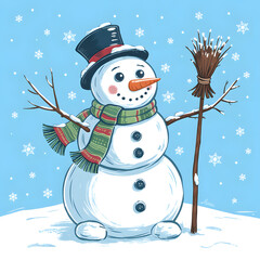 A charming cartoon snowman wearing a top hat and scarf holds a broom in the snow